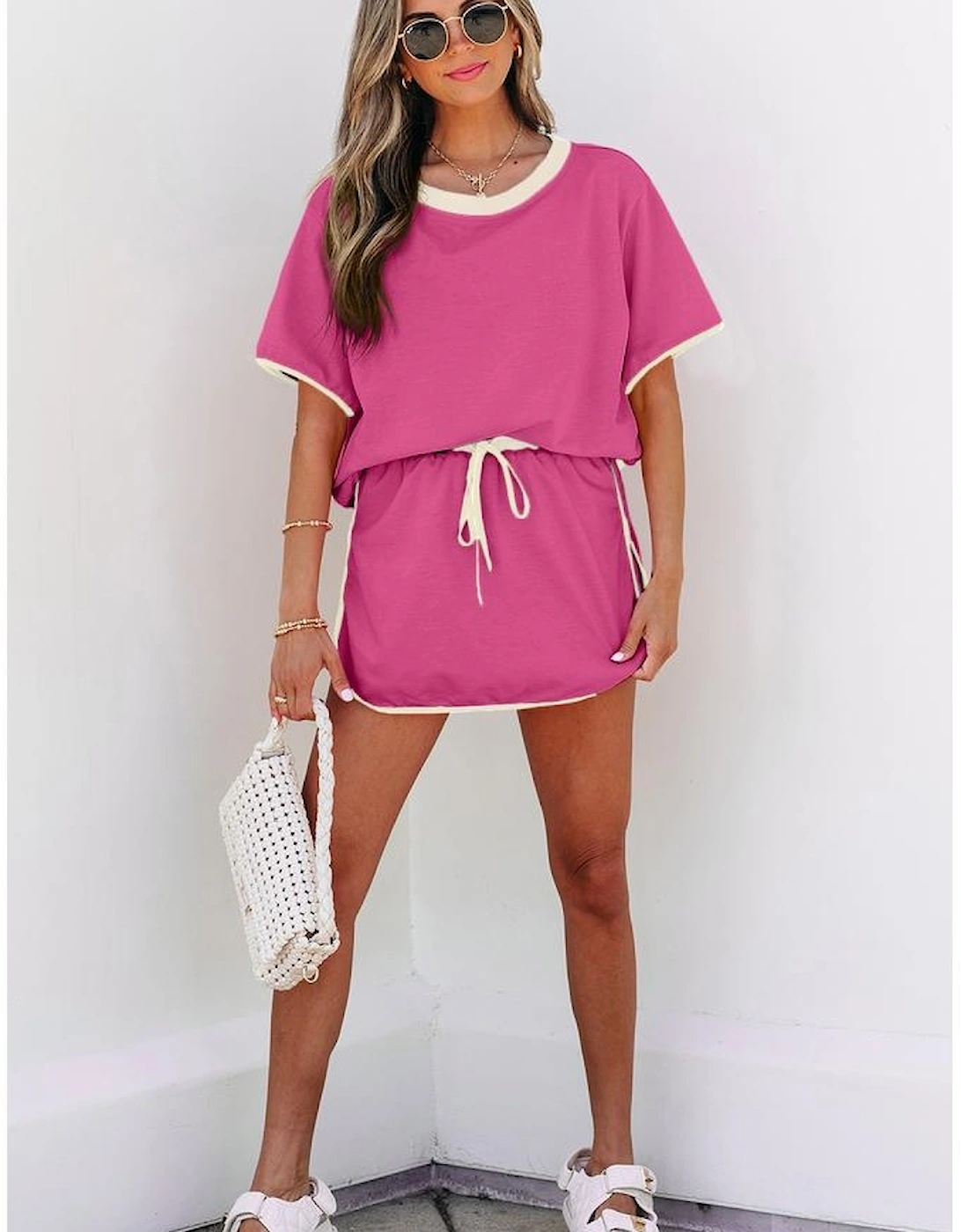 Rose Red Colorblock Edge Drop Shoulder T Shirt and Skort 2Pcs Set