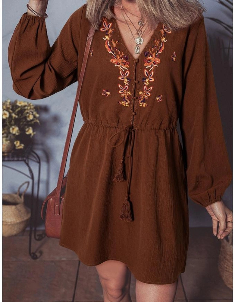 Burgundy Floral Embroidered Tassel Tie Waist Long Sleeve Mini Dress