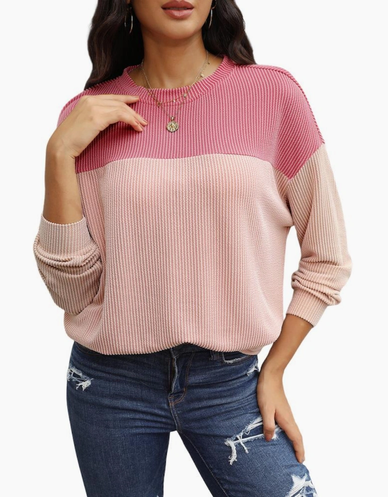 Pink Color Block Long Sleeve Ribbed Loose Top