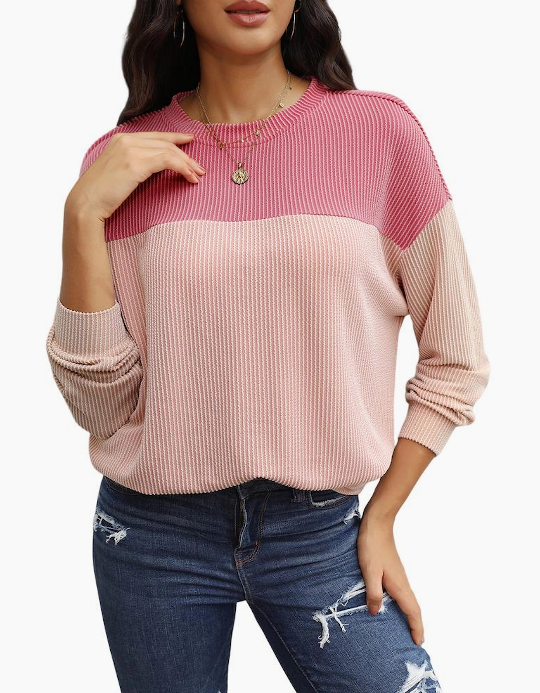 Pink Color Block Long Sleeve Ribbed Loose Top, 17 of 16
