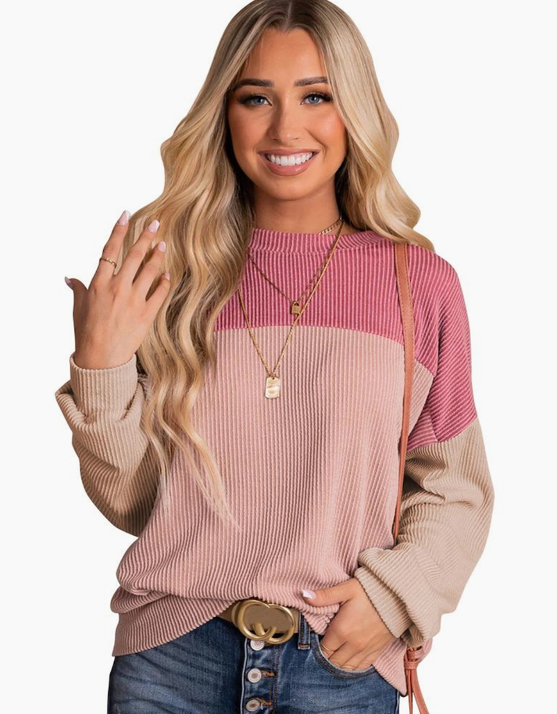 Pink Color Block Long Sleeve Ribbed Loose Top