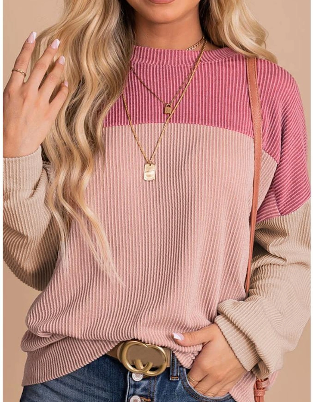 Pink Color Block Long Sleeve Ribbed Loose Top