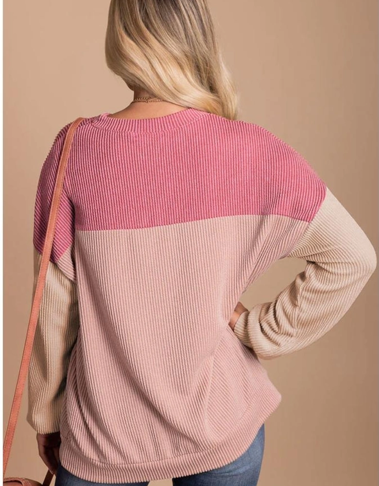 Pink Color Block Long Sleeve Ribbed Loose Top