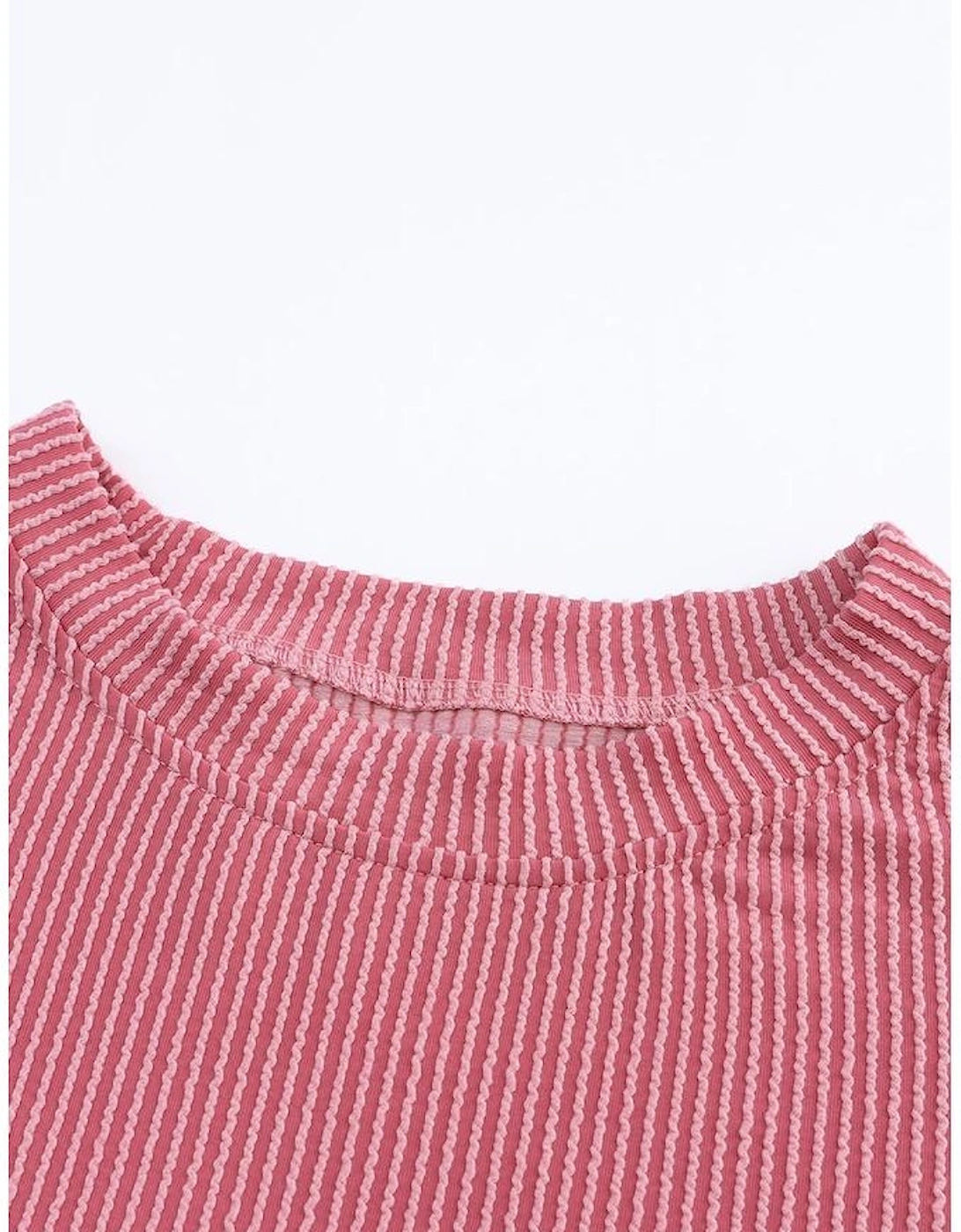 Pink Color Block Long Sleeve Ribbed Loose Top