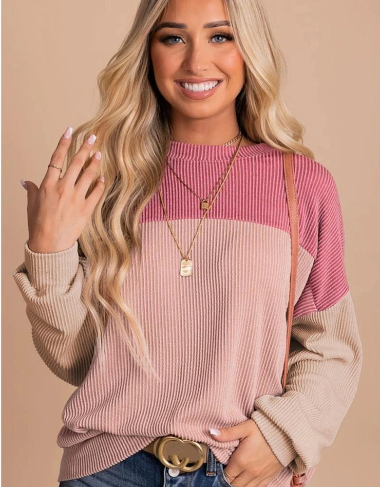 Pink Color Block Long Sleeve Ribbed Loose Top