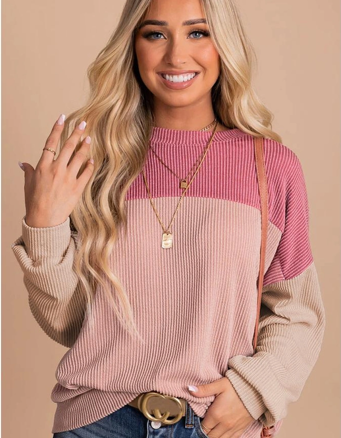 Pink Color Block Long Sleeve Ribbed Loose Top
