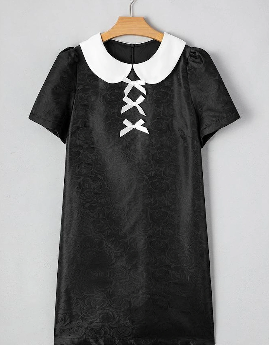 Black Floral Embossed Puff Sleeve Colorblock Bow Collared Mini Dress