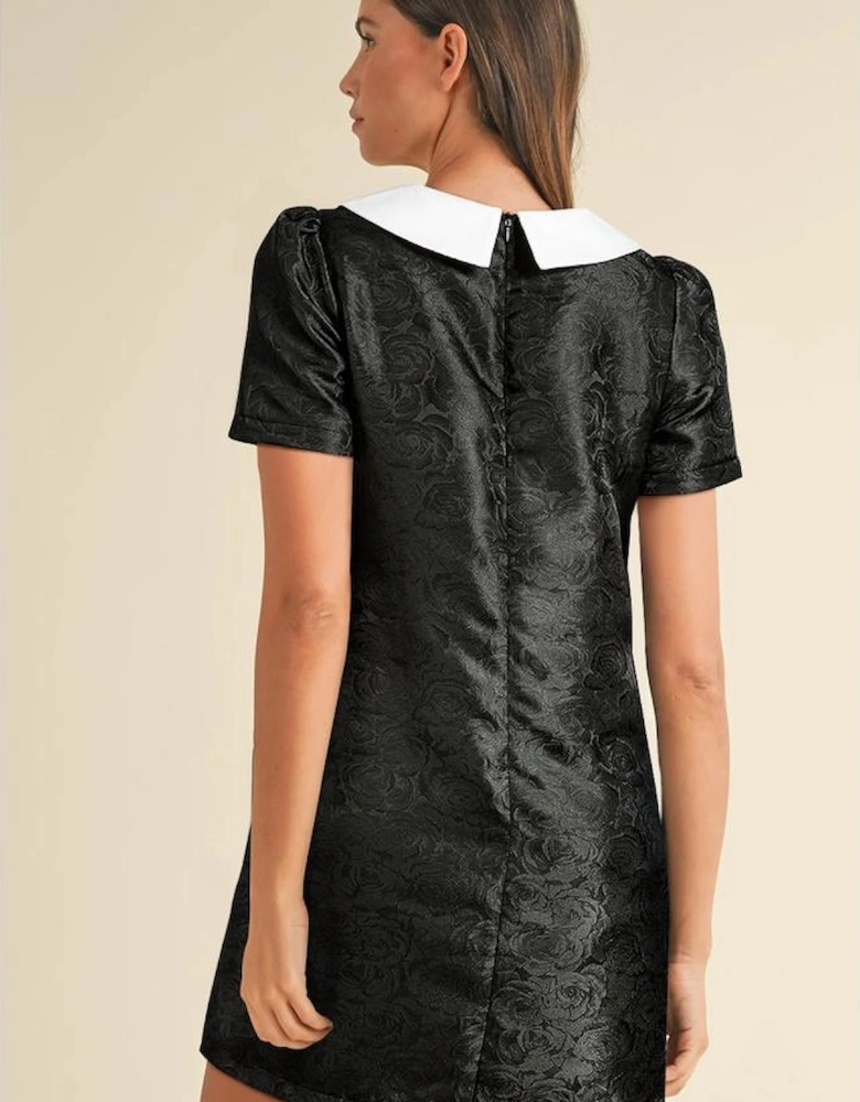 Black Floral Embossed Puff Sleeve Colorblock Bow Collared Mini Dress