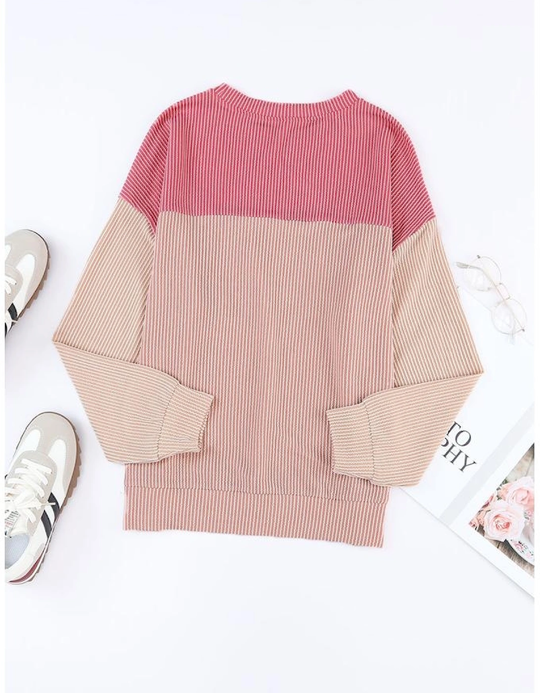 Pink Color Block Long Sleeve Ribbed Loose Top
