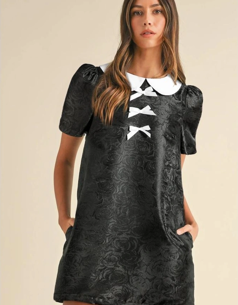 Black Floral Embossed Puff Sleeve Colorblock Bow Collared Mini Dress