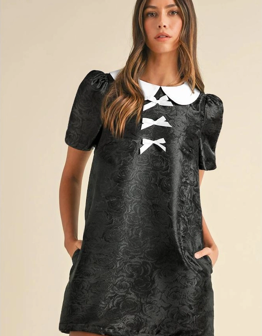 Black Floral Embossed Puff Sleeve Colorblock Bow Collared Mini Dress