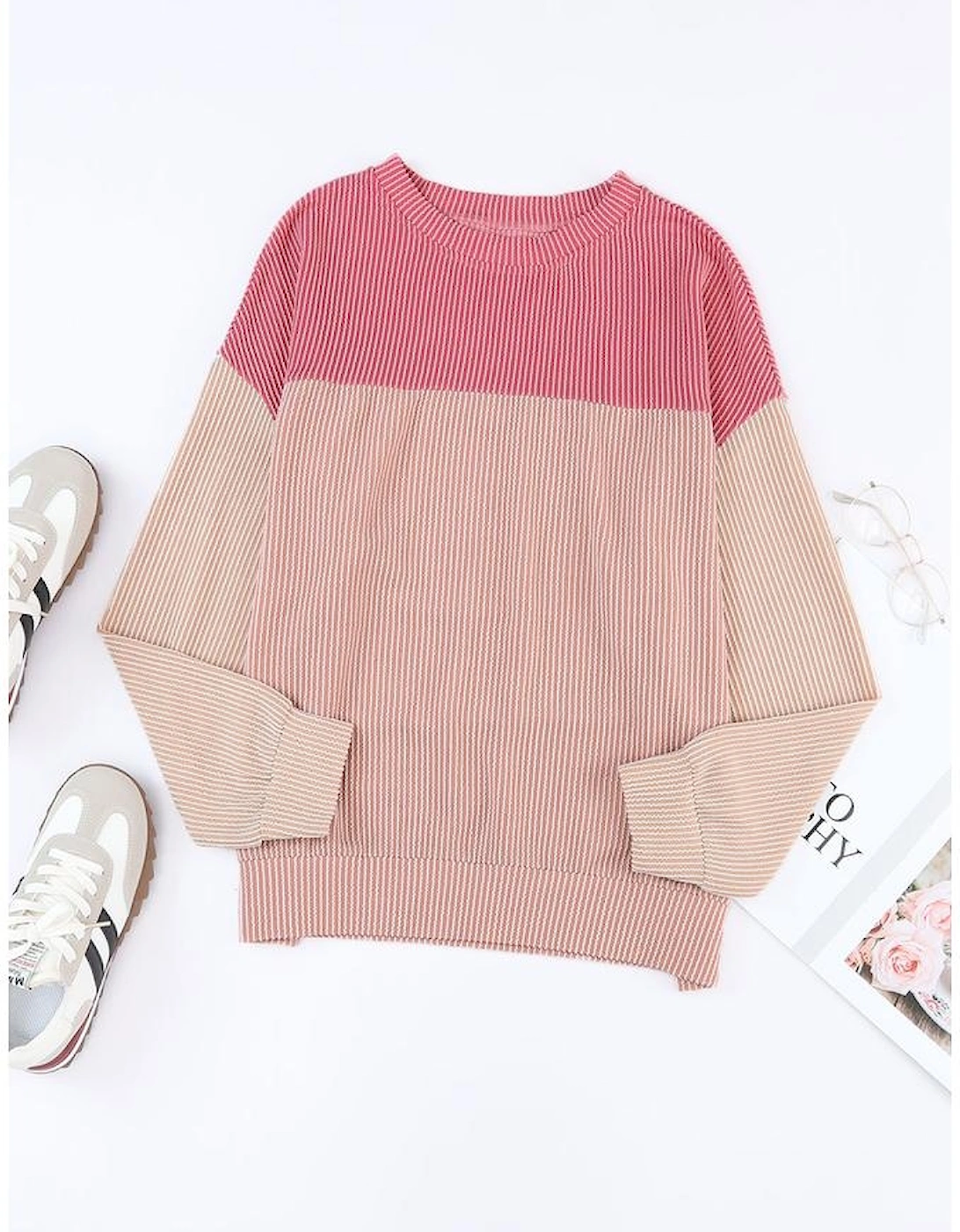 Pink Color Block Long Sleeve Ribbed Loose Top