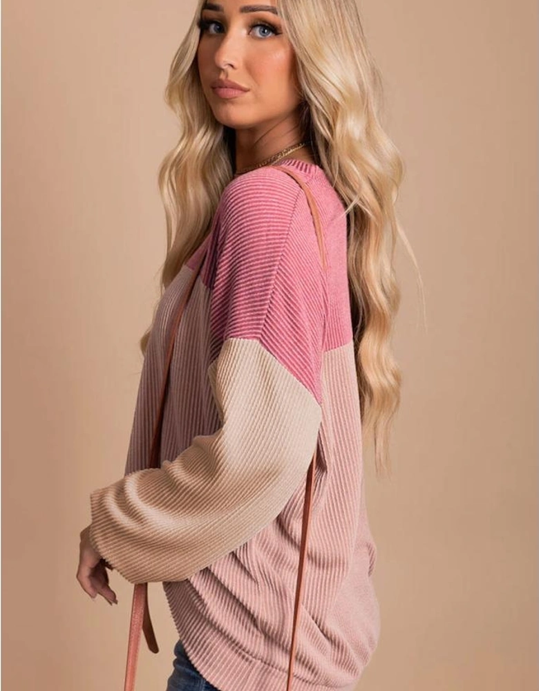 Pink Color Block Long Sleeve Ribbed Loose Top