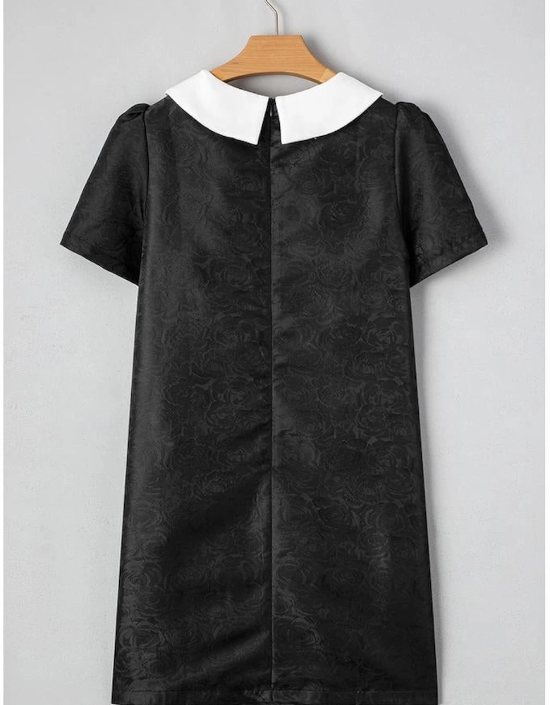 Black Floral Embossed Puff Sleeve Colorblock Bow Collared Mini Dress