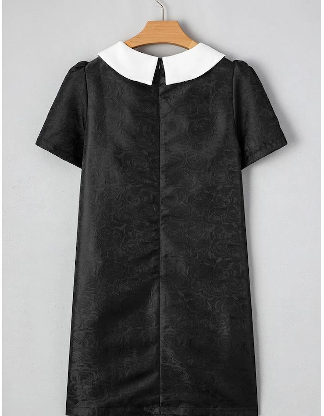 Black Floral Embossed Puff Sleeve Colorblock Bow Collared Mini Dress