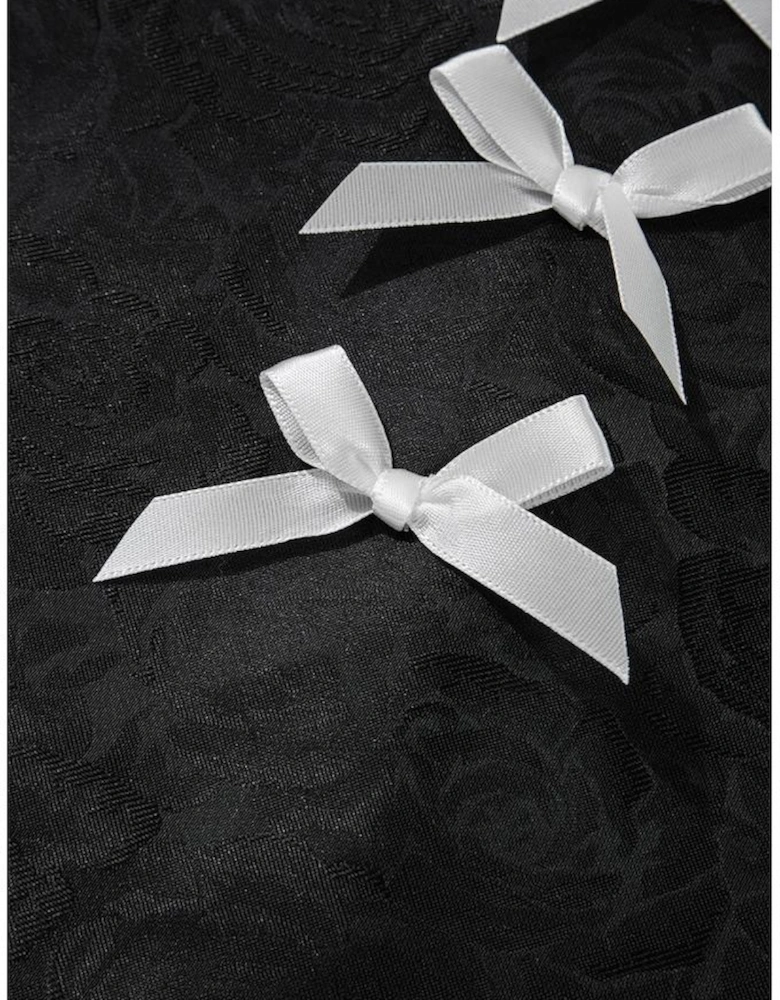 Black Floral Embossed Puff Sleeve Colorblock Bow Collared Mini Dress