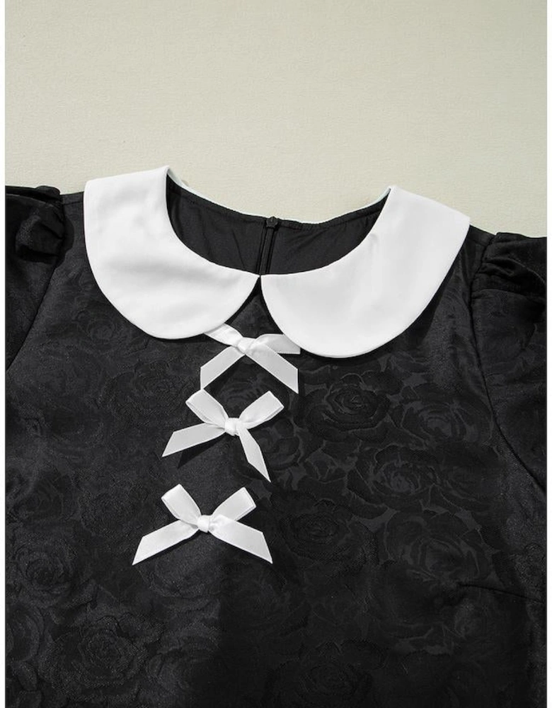 Black Floral Embossed Puff Sleeve Colorblock Bow Collared Mini Dress
