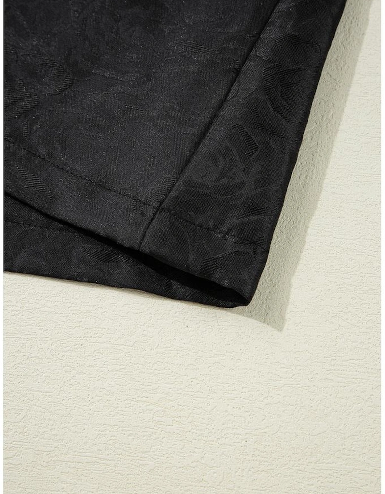 Black Floral Embossed Puff Sleeve Colorblock Bow Collared Mini Dress