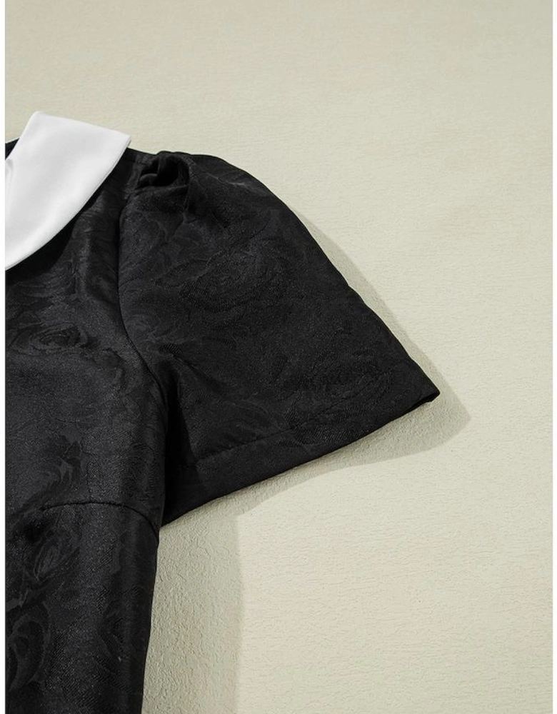 Black Floral Embossed Puff Sleeve Colorblock Bow Collared Mini Dress