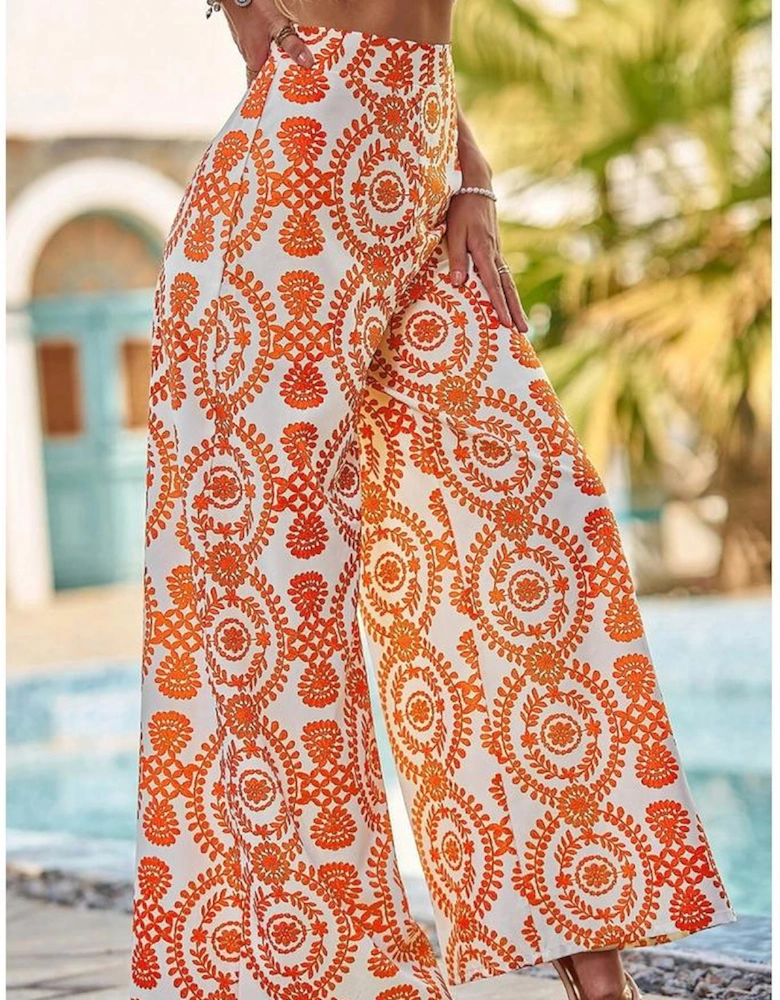 Orange Boho Retro Flower Print Wide Leg Pants