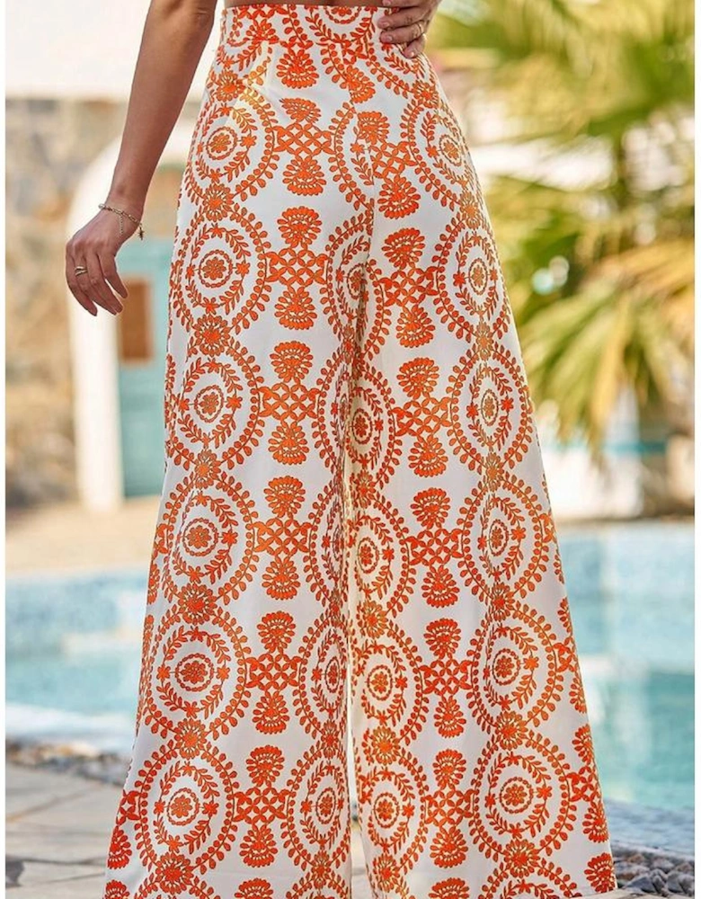 Orange Boho Retro Flower Print Wide Leg Pants
