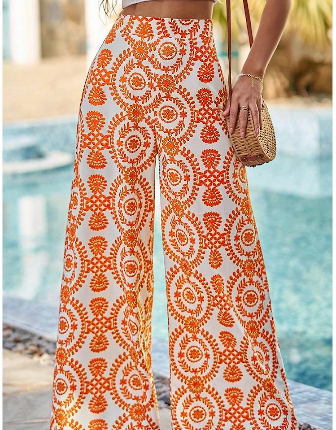 Orange Boho Retro Flower Print Wide Leg Pants