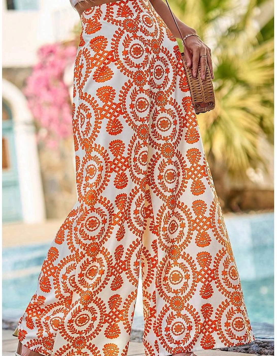 Orange Boho Retro Flower Print Wide Leg Pants
