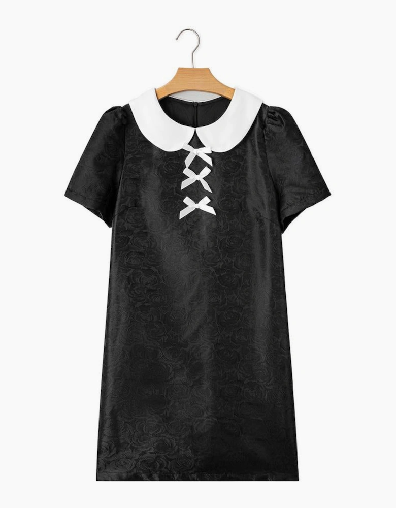 Black Floral Embossed Puff Sleeve Colorblock Bow Collared Mini Dress
