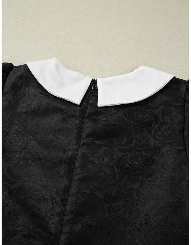 Black Floral Embossed Puff Sleeve Colorblock Bow Collared Mini Dress