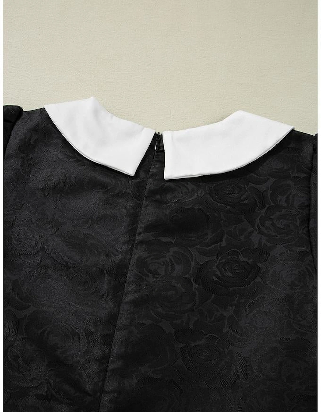 Black Floral Embossed Puff Sleeve Colorblock Bow Collared Mini Dress