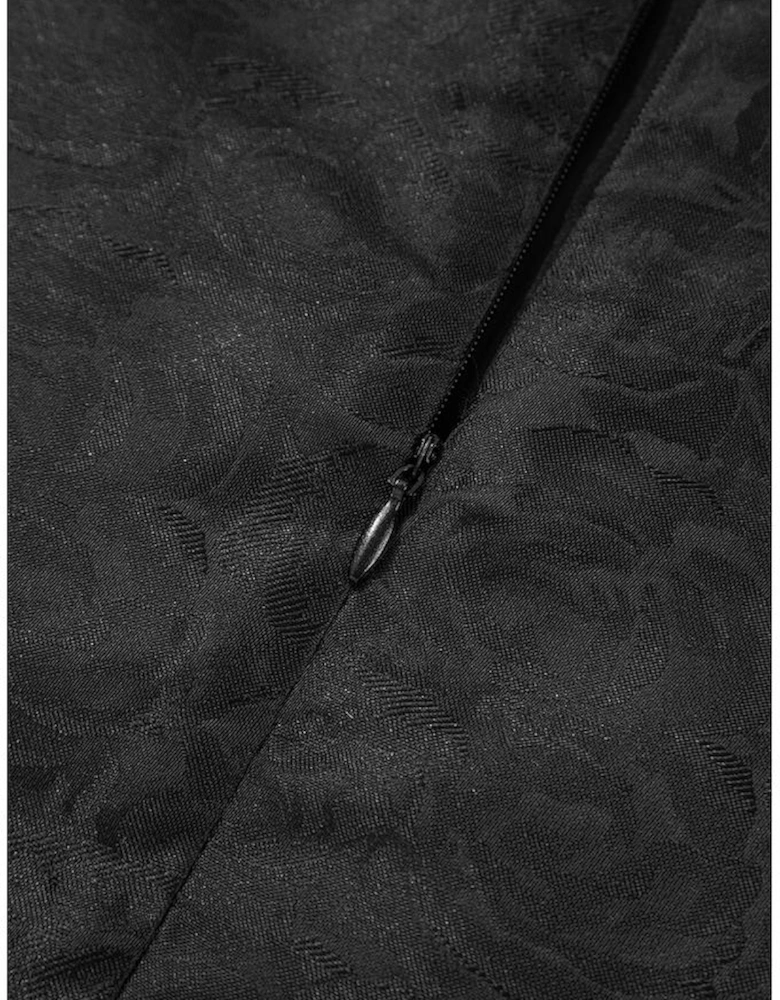 Black Floral Embossed Puff Sleeve Colorblock Bow Collared Mini Dress