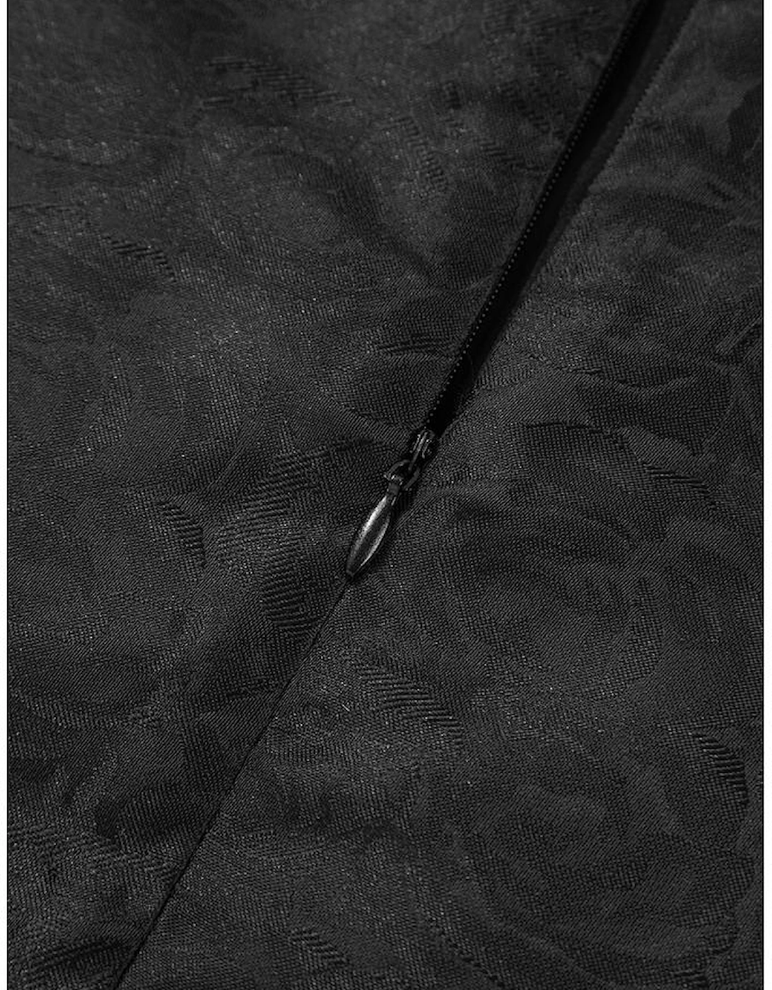 Black Floral Embossed Puff Sleeve Colorblock Bow Collared Mini Dress