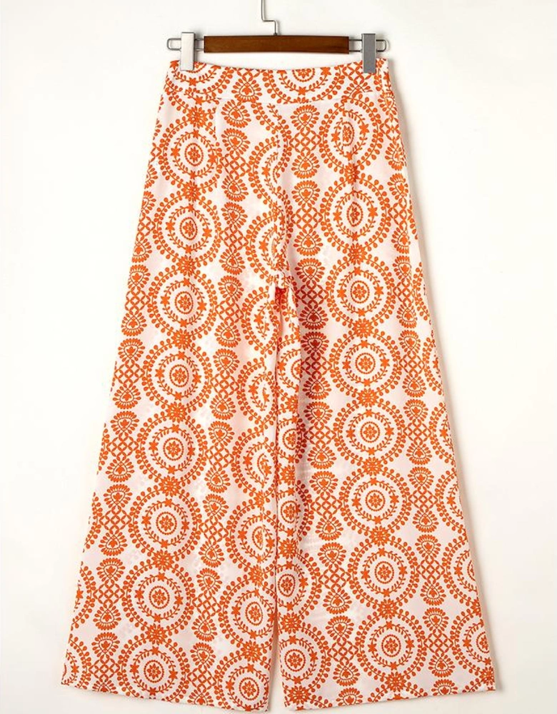 Orange Boho Retro Flower Print Wide Leg Pants