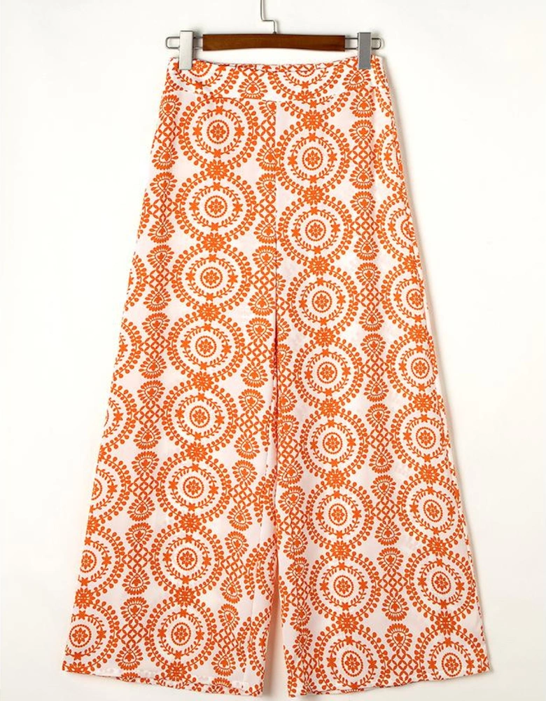 Orange Boho Retro Flower Print Wide Leg Pants