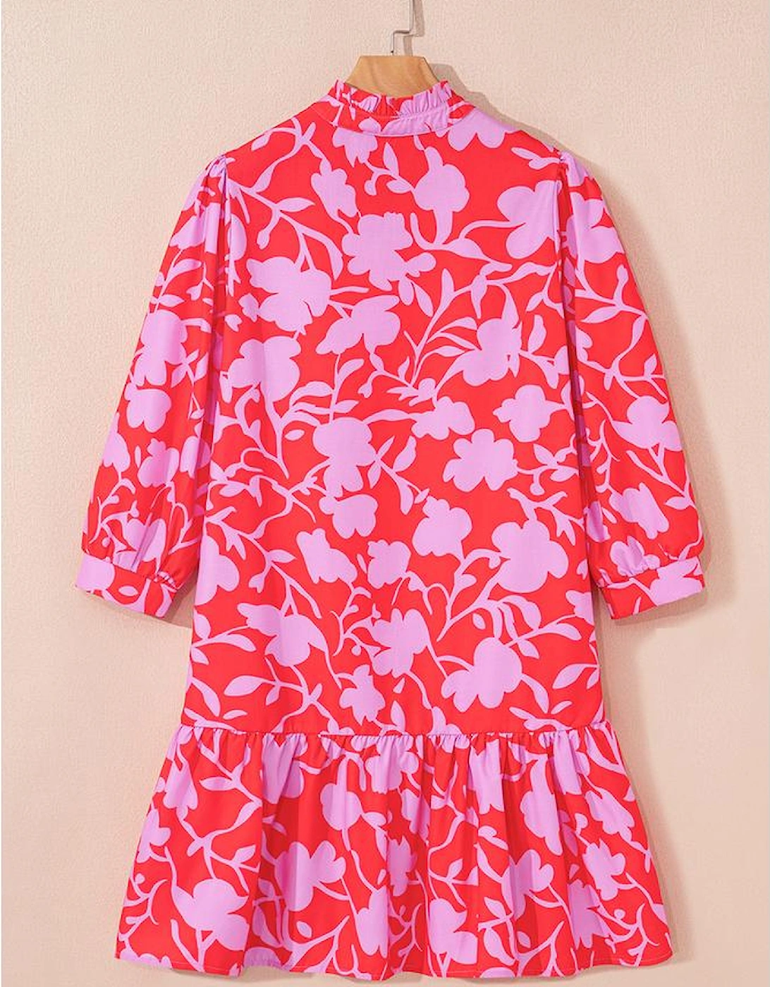 Red Floral Three Quarter Sleeves Ruffle Hem Mini Dress