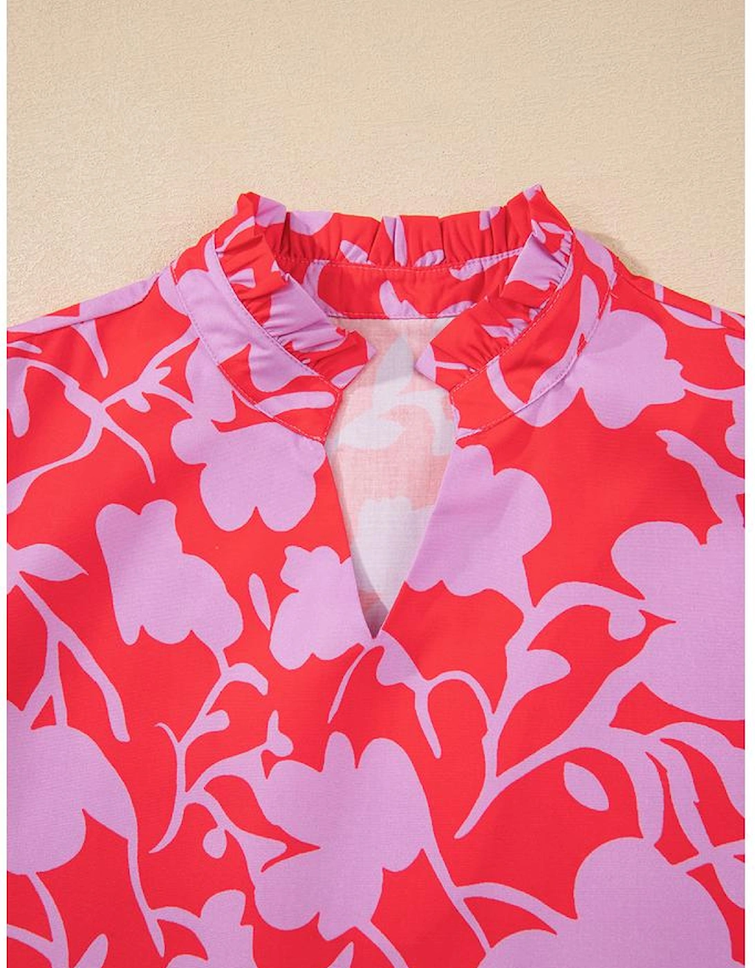 Red Floral Three Quarter Sleeves Ruffle Hem Mini Dress