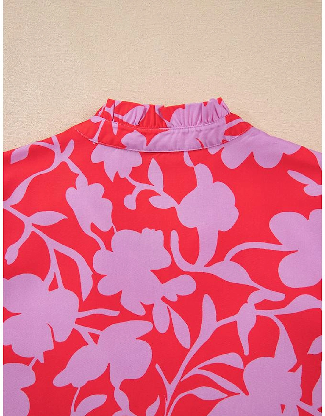 Red Floral Three Quarter Sleeves Ruffle Hem Mini Dress