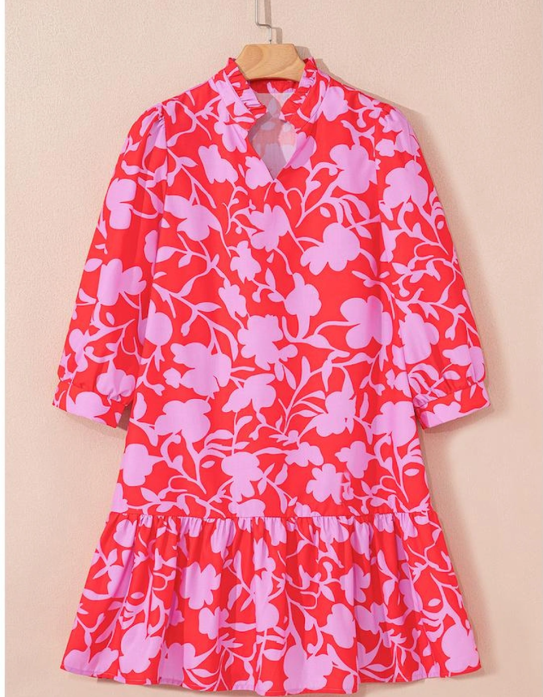 Red Floral Three Quarter Sleeves Ruffle Hem Mini Dress, 10 of 9