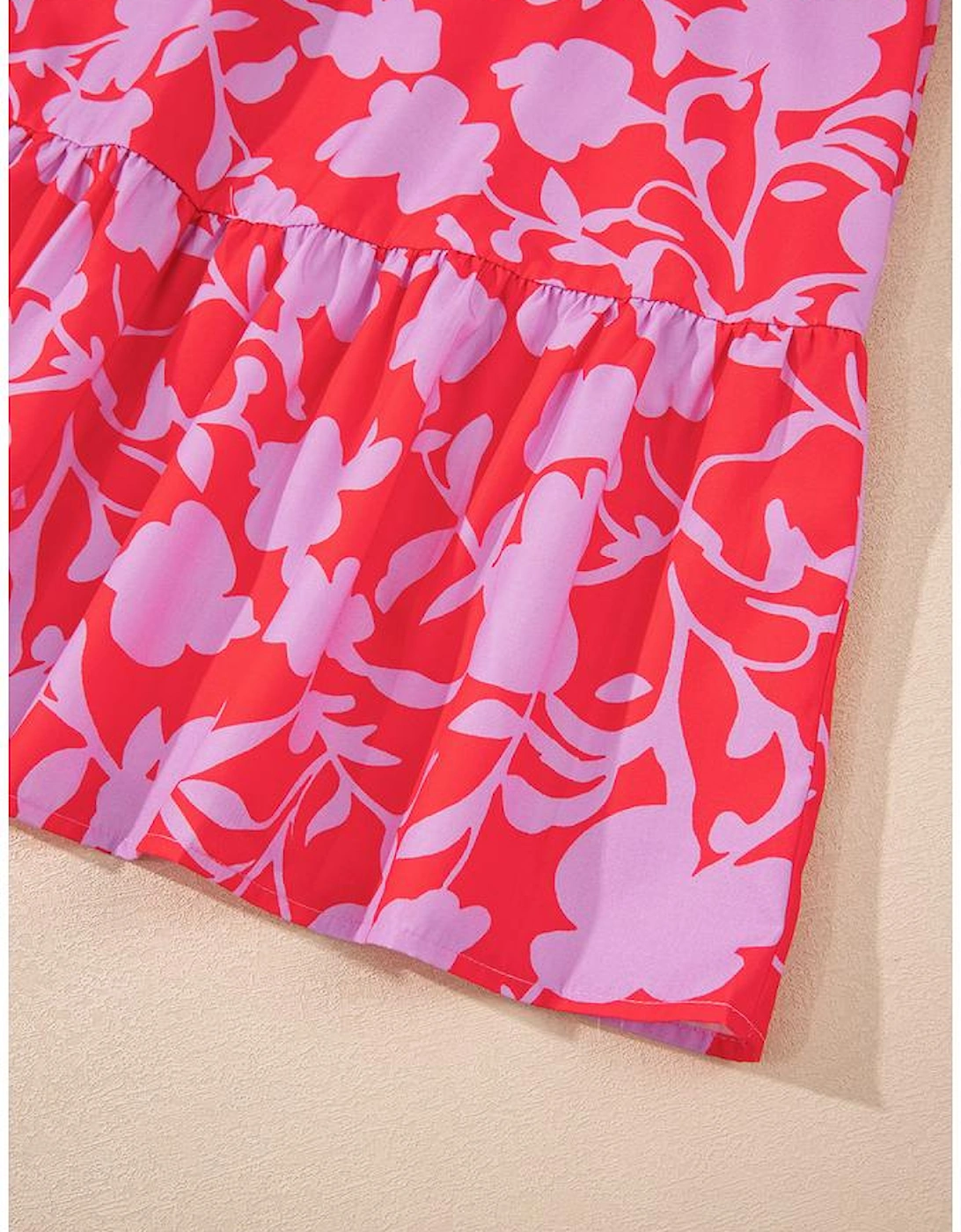 Red Floral Three Quarter Sleeves Ruffle Hem Mini Dress