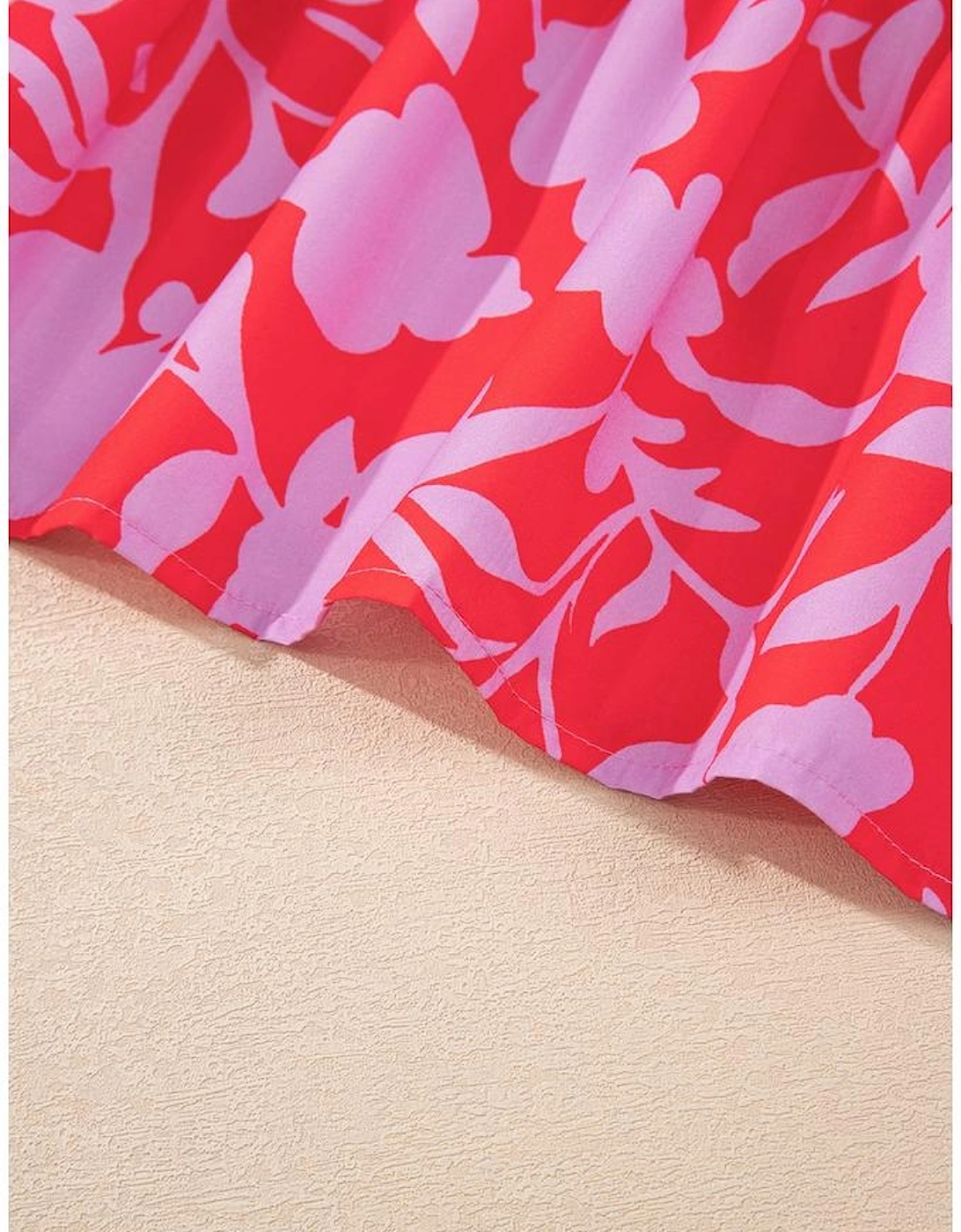 Red Floral Three Quarter Sleeves Ruffle Hem Mini Dress