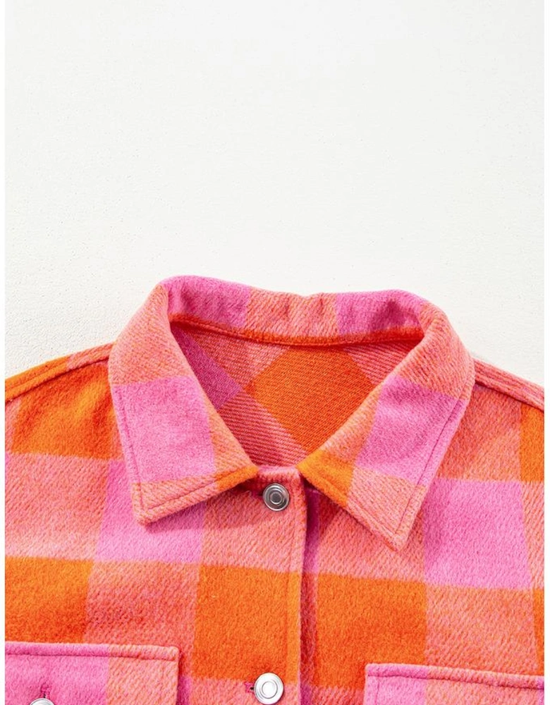 Orange Plaid Chest Pockets Button-up Turn Down Collar Jacket