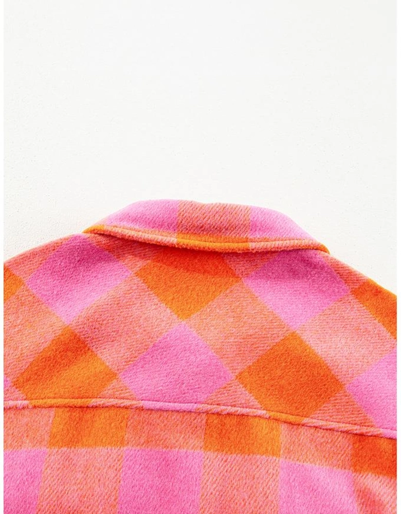 Orange Plaid Chest Pockets Button-up Turn Down Collar Jacket