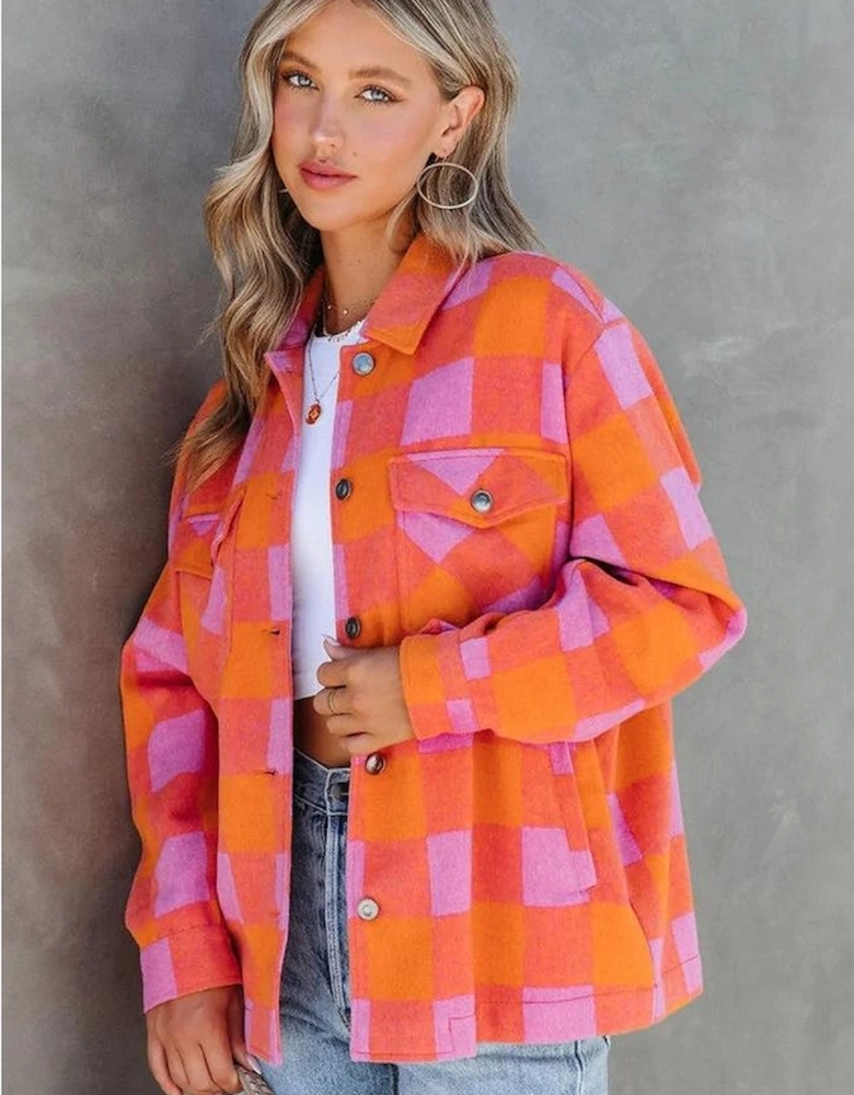 Orange Plaid Chest Pockets Button-up Turn Down Collar Jacket