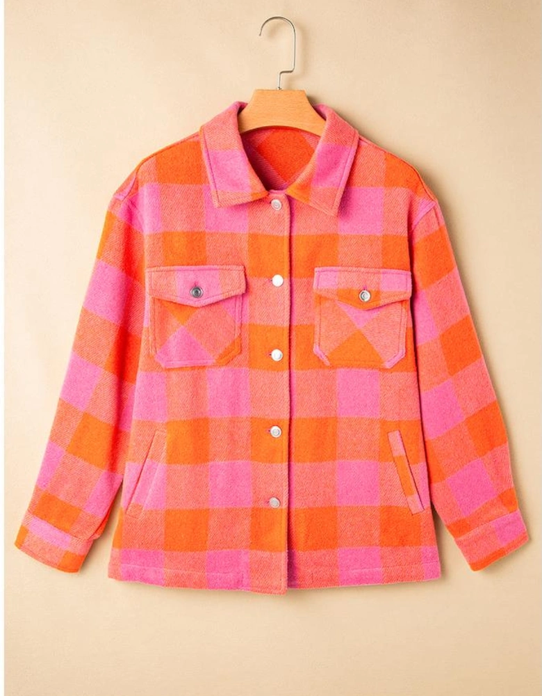 Orange Plaid Chest Pockets Button-up Turn Down Collar Jacket
