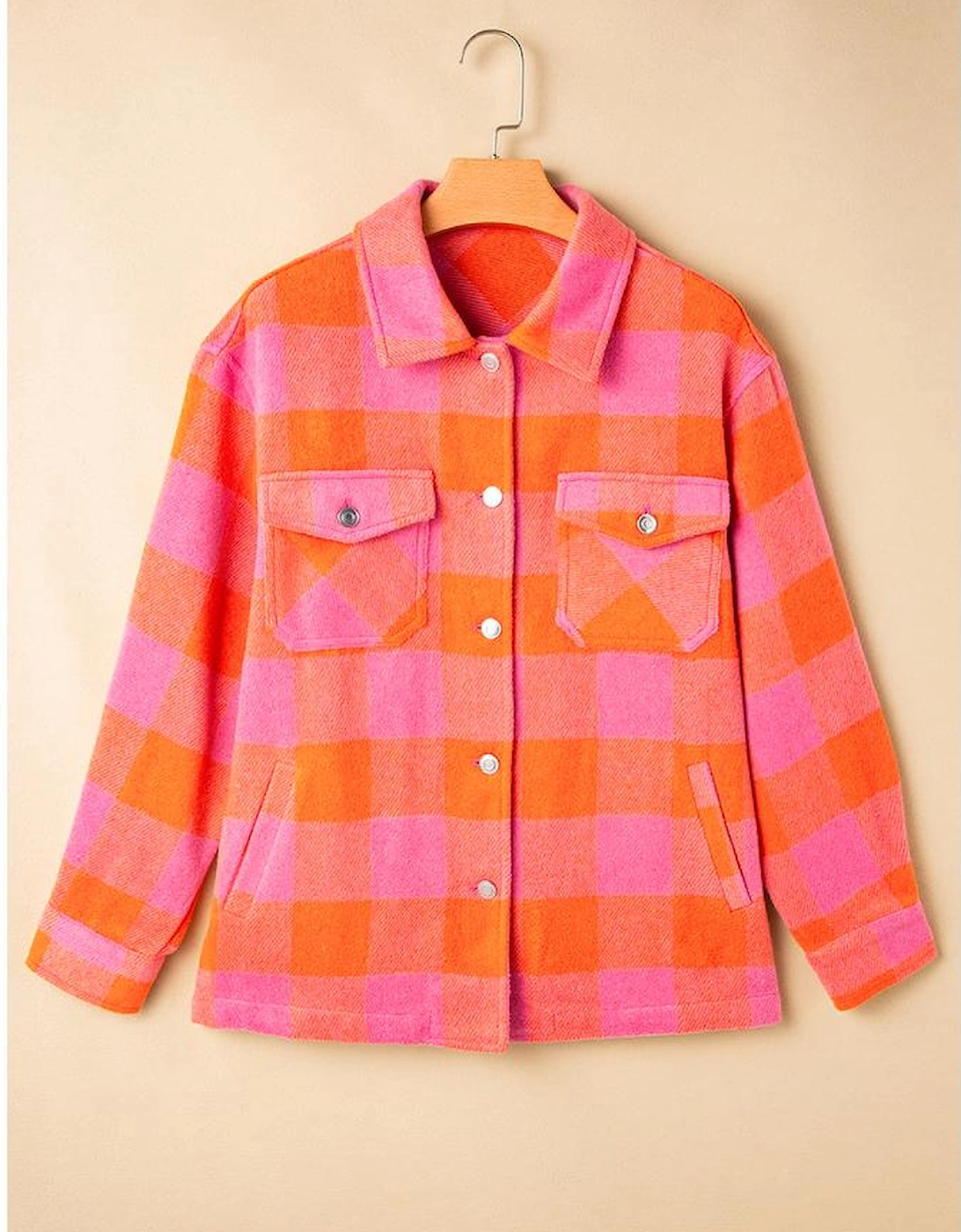 Orange Plaid Chest Pockets Button-up Turn Down Collar Jacket