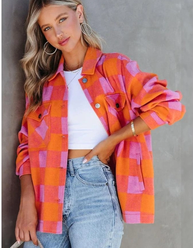 Orange Plaid Chest Pockets Button-up Turn Down Collar Jacket