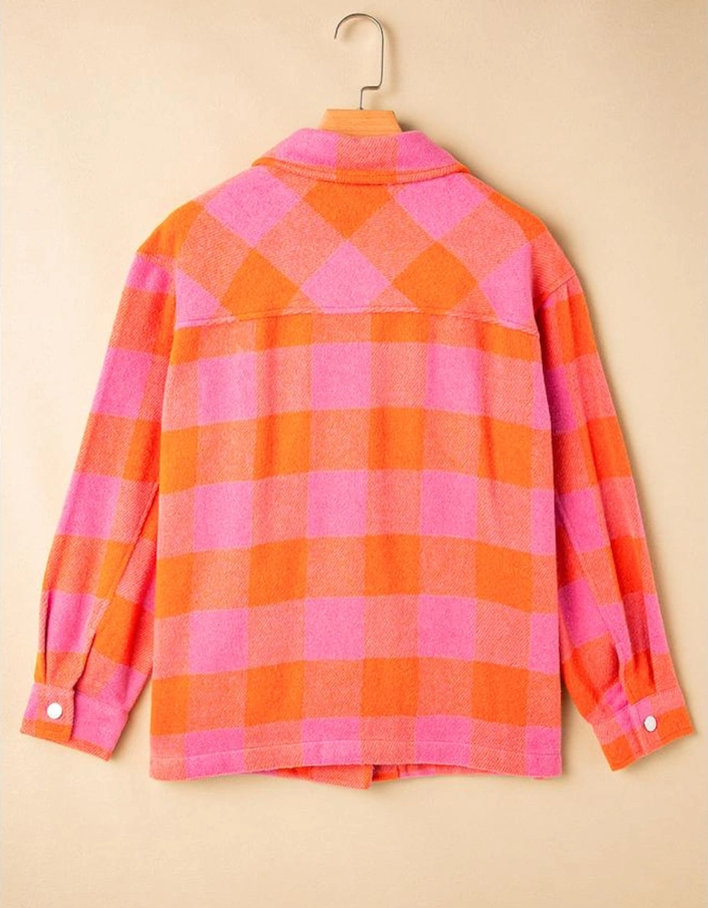 Orange Plaid Chest Pockets Button-up Turn Down Collar Jacket