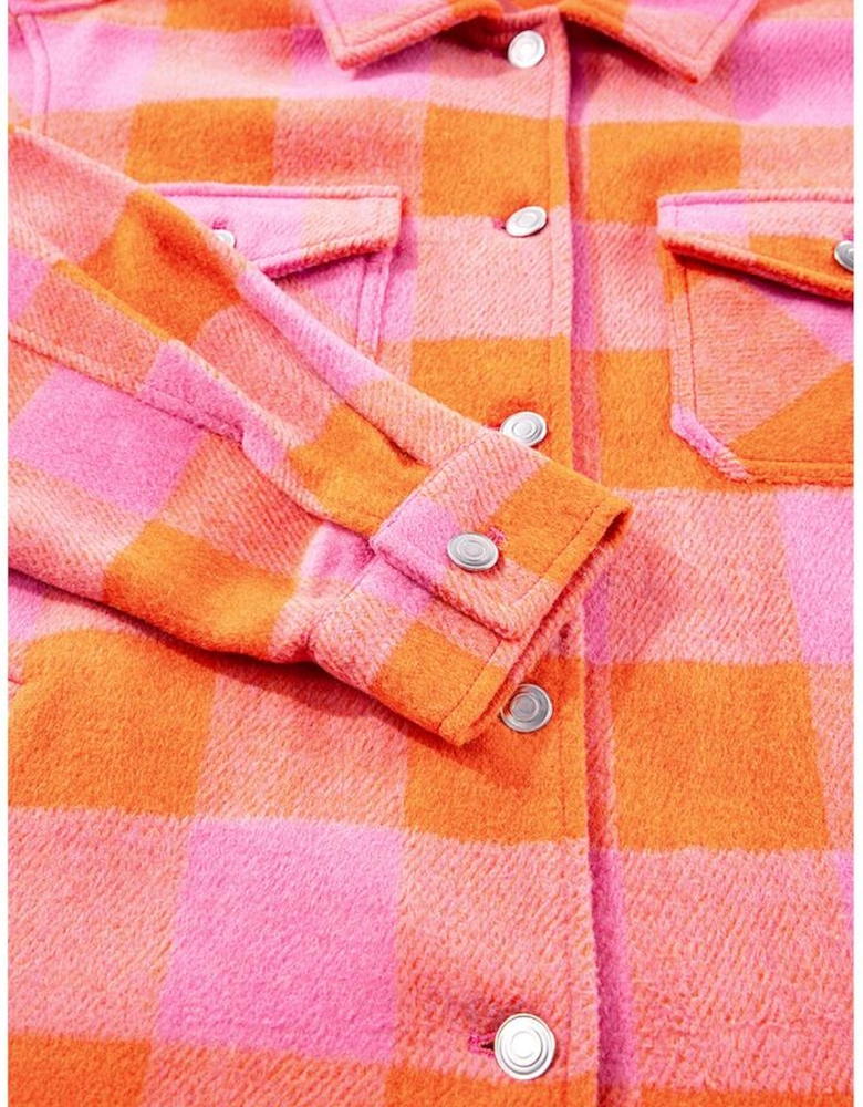 Orange Plaid Chest Pockets Button-up Turn Down Collar Jacket