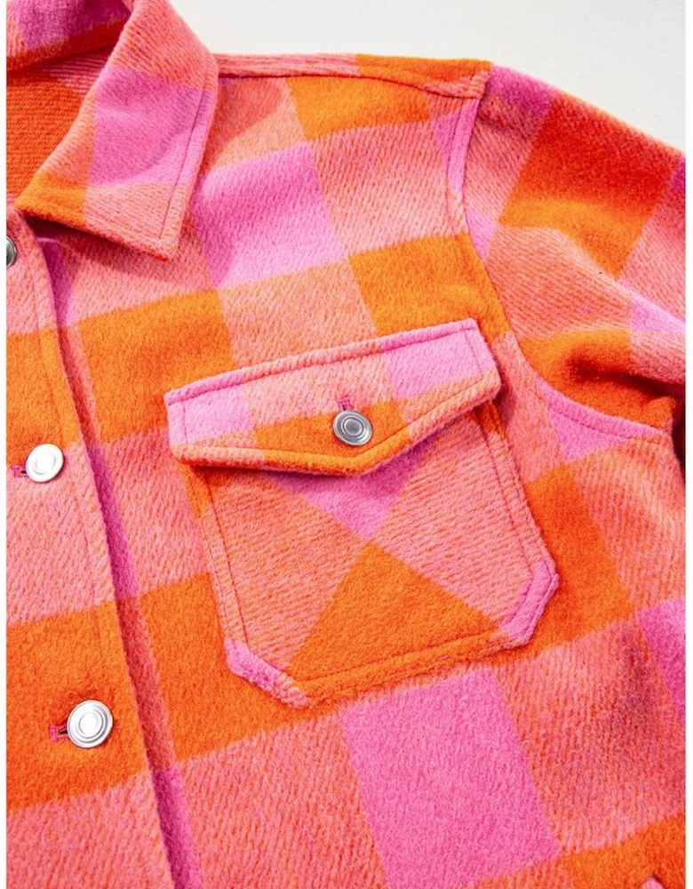 Orange Plaid Chest Pockets Button-up Turn Down Collar Jacket