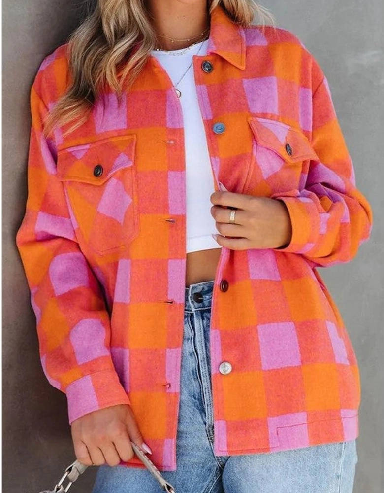 Orange Plaid Chest Pockets Button-up Turn Down Collar Jacket